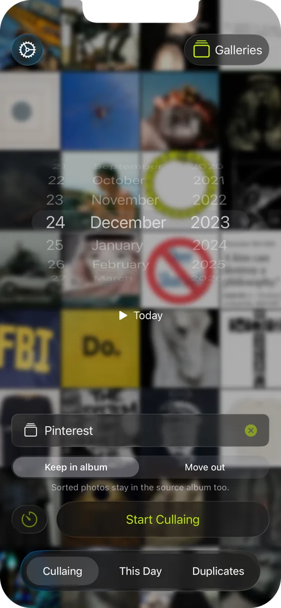 Culla — date picker over a photo mosaic