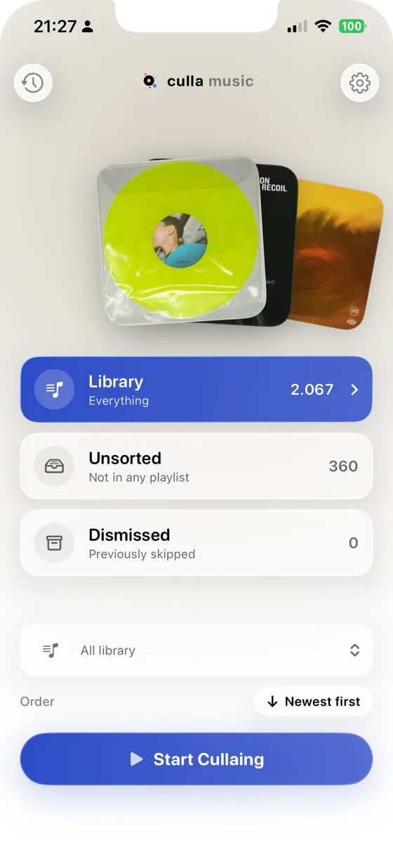 CullaMusic — music library home, sorted into playlists