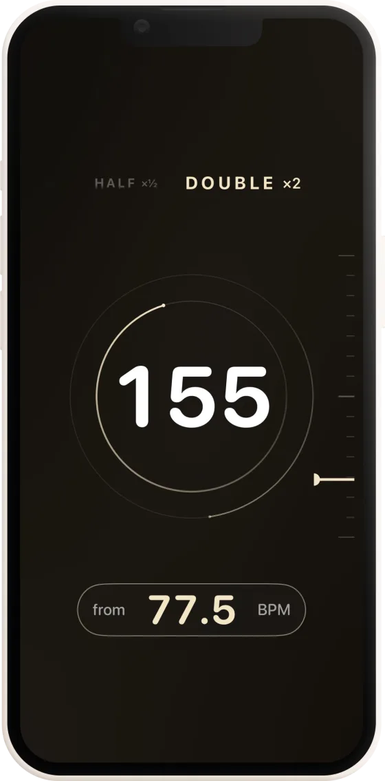 Doppio — double-time result 155 from 77.5 BPM, dark theme with the right-edge tempo scale