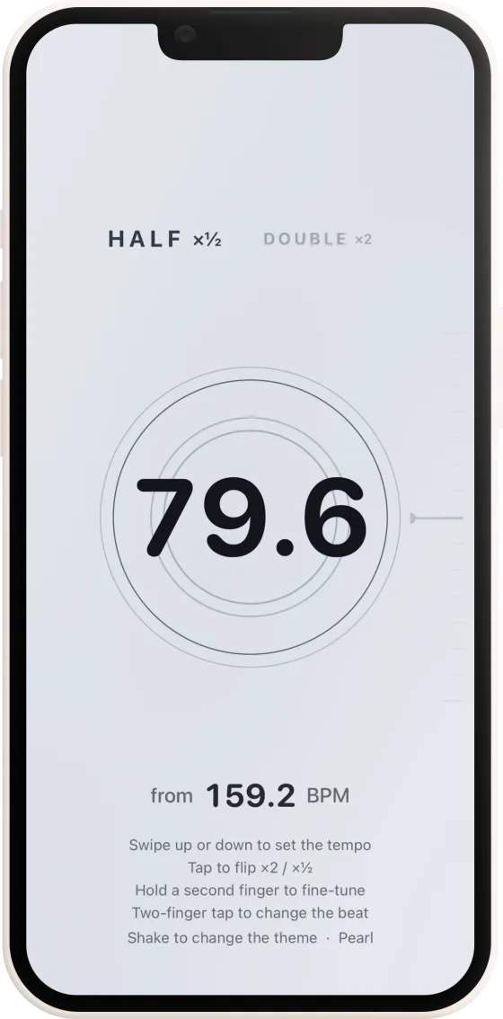 Doppio — half-time result 79.6 from 159.2 BPM in the Pearl theme, with the gesture guide listed below